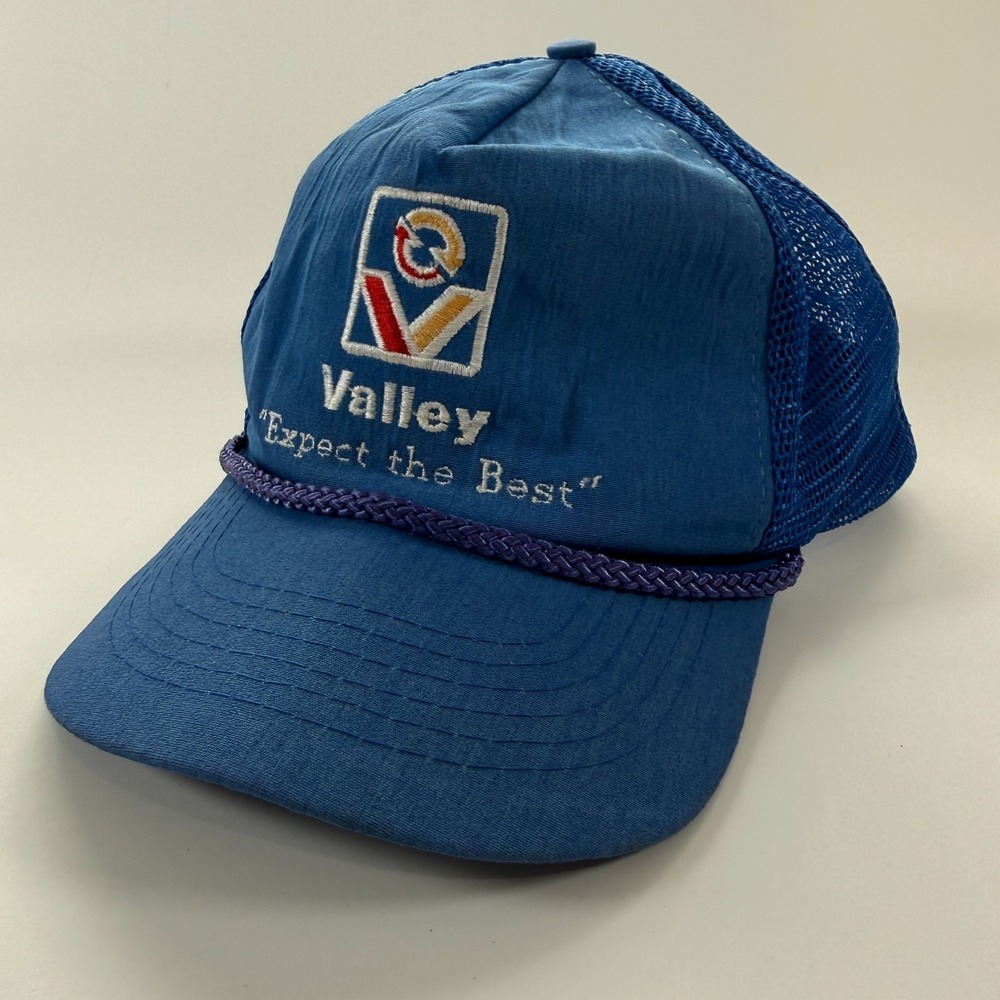 Vintage 1980s Valley Expect the Best Snapback Trucker Hat‎ Rope Blue Embroidered